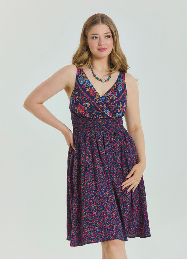 V Neck Robe Pink Floral Patterned Plus Size Dress 4584